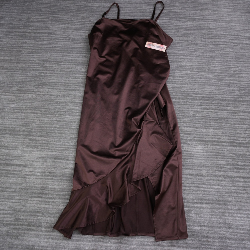 Inspired Hearts Brown Satin Ruffle Faux Wrap Midi Dress 2X New